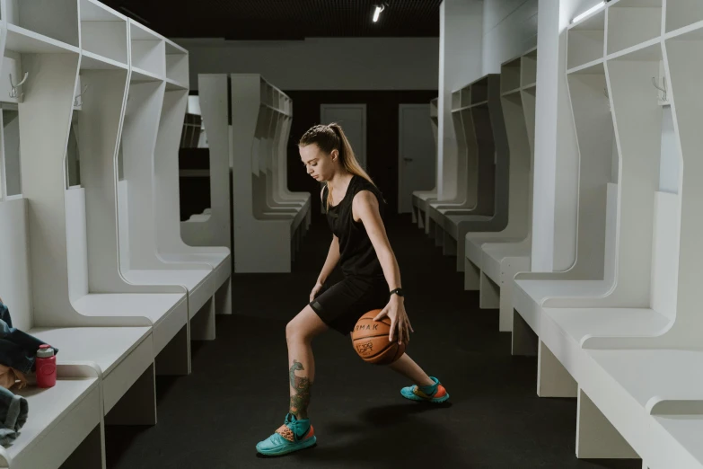 a woman standing in a locker holding a basketball, by Emma Andijewska, trending on dribble, profile image, bench, full body picture, anton fadeev 8 k