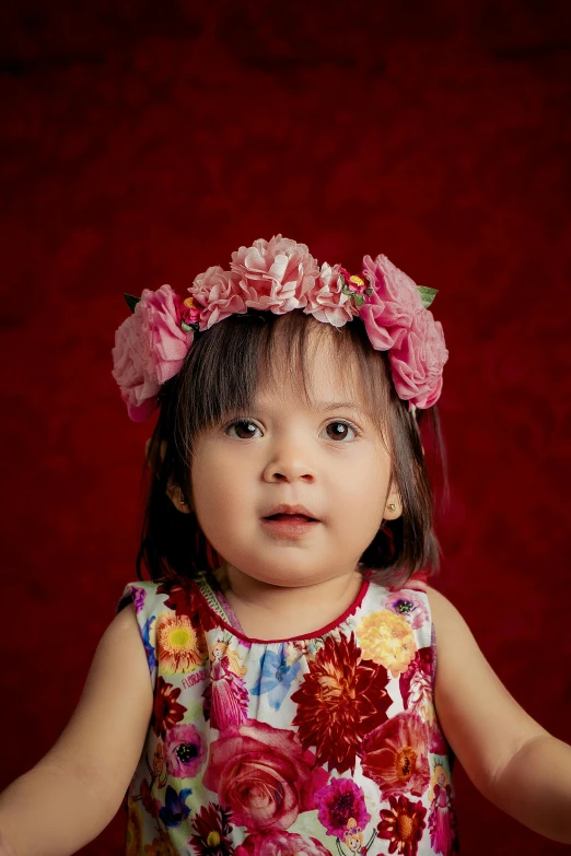 a little girl with a flower crown on her head, a picture, by Basuki Abdullah, shutterstock contest winner, art photography, studio portrait photo, red floral dress, toddler, alanis guillen