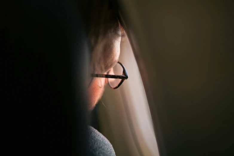 a man with glasses looking out of an airplane window, by Matthias Weischer, visual art, soft light from the side, a woman's profile, avatar image, reading glasses