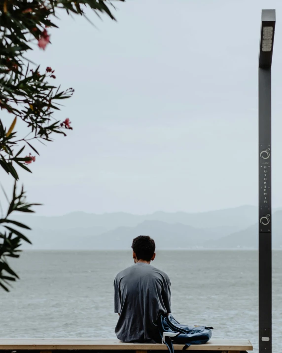 a man sitting on top of a wooden bench, unsplash contest winner, romanticism, looking out at the ocean, gray men, asian male, on a pedestal