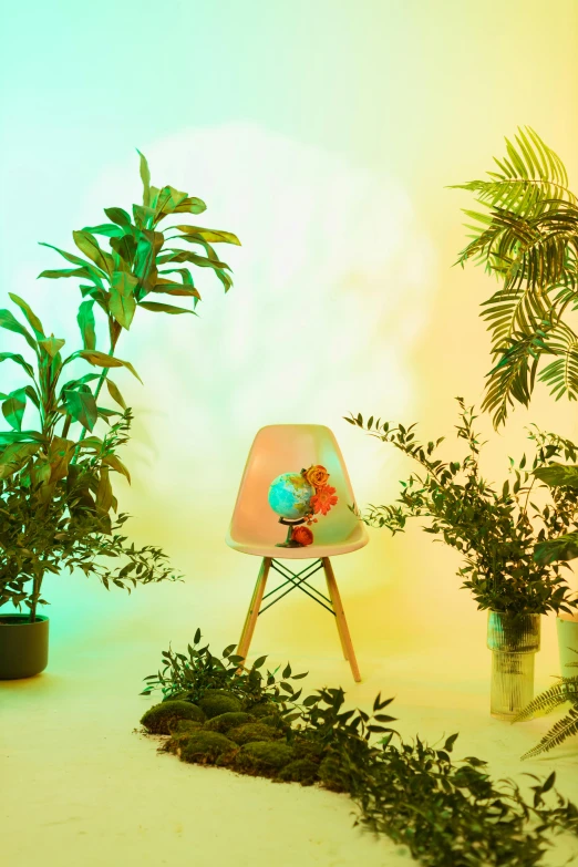 a room filled with potted plants and a chair, a colorized photo, inspired by Elsa Bleda, lava lamp, made of plastic, product studio lighting, chillhop
