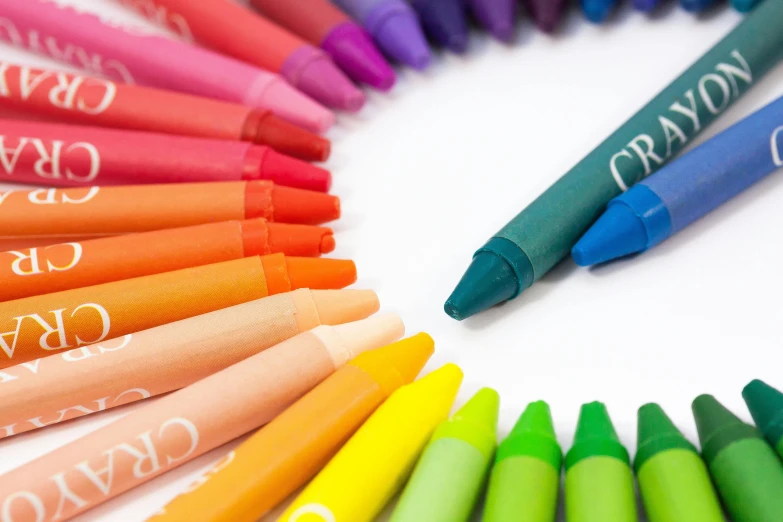 a rainbow of colored crayons arranged in a circle, professional product photography, craiyon, coloured in teal and orange, eric carle