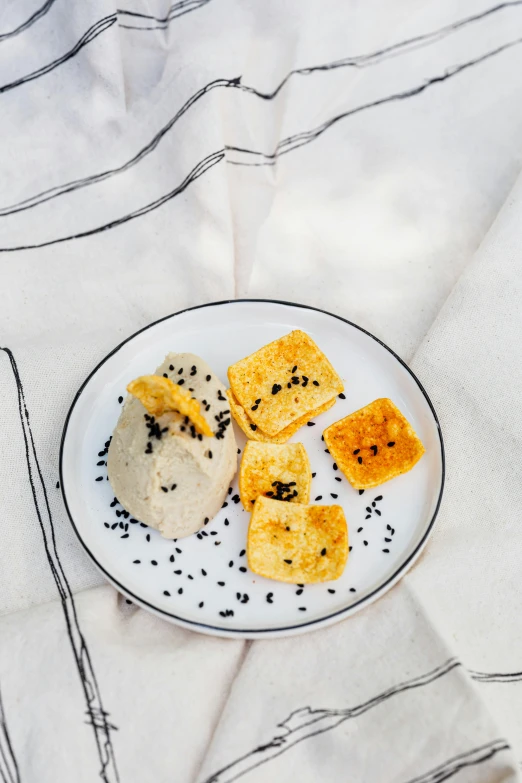a plate that has some food on it, inspired by Ceferí Olivé, unsplash, luscious with sesame seeds, humus, white with black spots, made of cheese