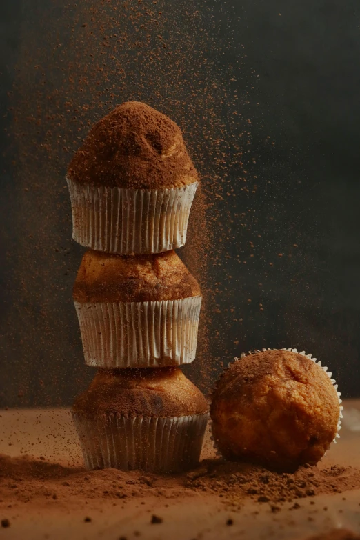 a stack of muffins sitting on top of a wooden table, a digital rendering, by Gentile Bellini, unsplash, photorealism, flour dust flying, cinnamon, brazilian, pointè pose