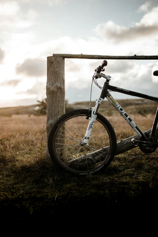 a bicycle leaning against a fence in a field, looking off into the distance, rugged, strong rim light, vehicle