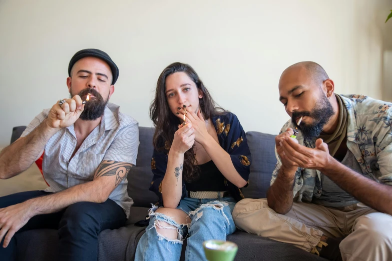 three people sitting on a couch eating pizza, a portrait, by Jessie Alexandra Dick, pexels contest winner, smoking with squat down pose, ganja, aussie baristas, profile image
