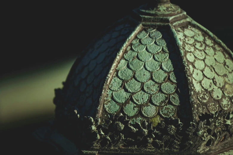 a close up of a fire hydrant in the dark, inspired by Elsa Bleda, unsplash, renaissance, green skin with scales, intricate detailed roof, afternoon sunlight, bronze headdress