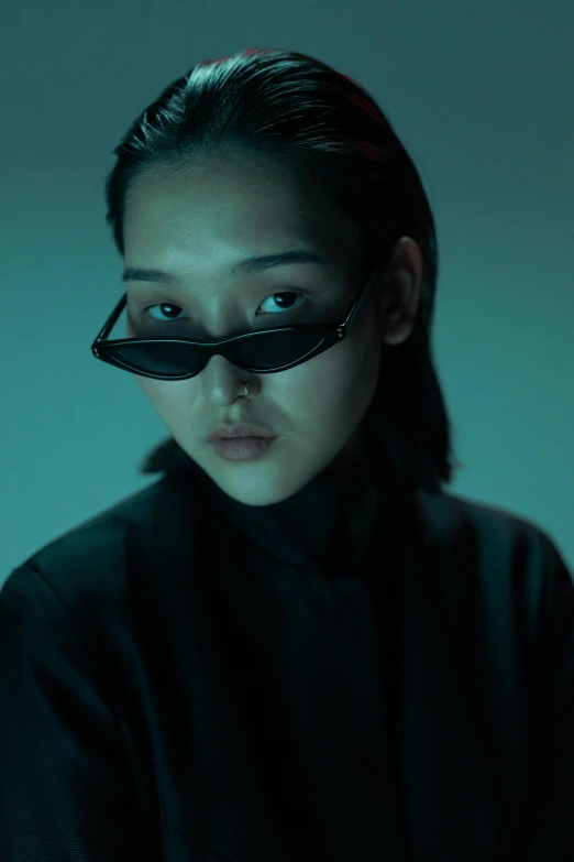 a woman in a black shirt and sunglasses, inspired by Yanjun Cheng, dystopian lighting, hypebeast, nvidia promotional image, lee madgwick & liam wong