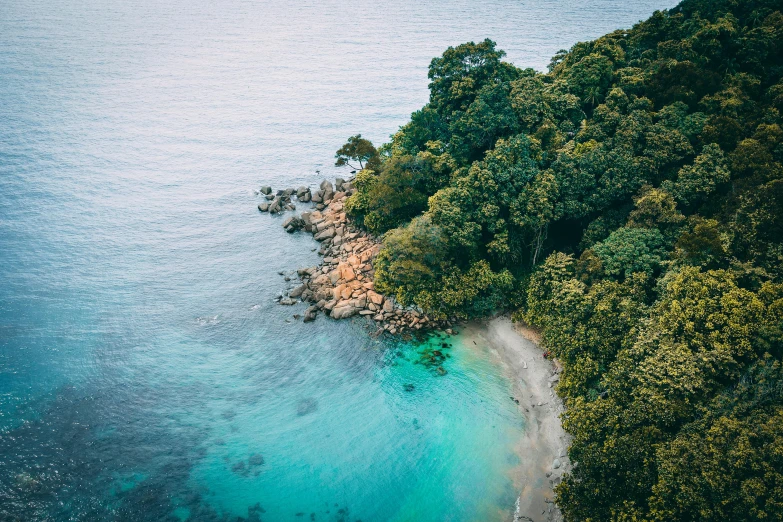 an island in the middle of a body of water, unsplash contest winner, sumatraism, sea - green and white clothes, in a tropical forest, australian beach, coastline