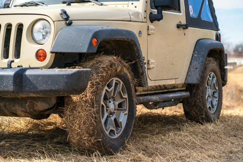 a white jeep parked on top of a dry grass covered field, fur with mud, tyre mark, profile image, close - up photograph