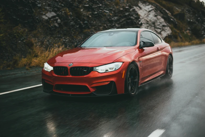 a red bmw car driving on a wet road, pexels contest winner, ultra 4k, fan favorite, hyper real render, low profile