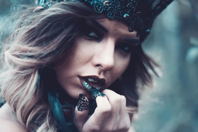 a woman with a crown on her head eating something, inspired by Elsa Bleda, trending on pexels, gothic art, steampunk girl, leather jewelry, wearing teal beanie, seductive eyes