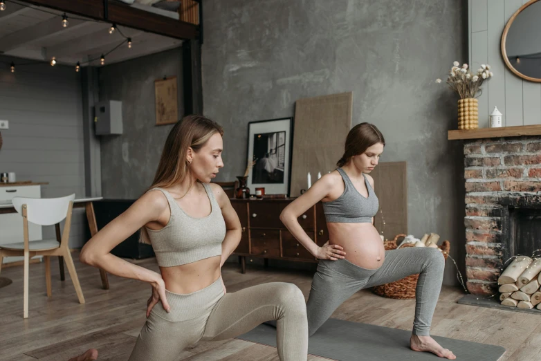 two pregnant women doing yoga in a living room, trending on pexels, blank, thumbnail, manuka, 3d models