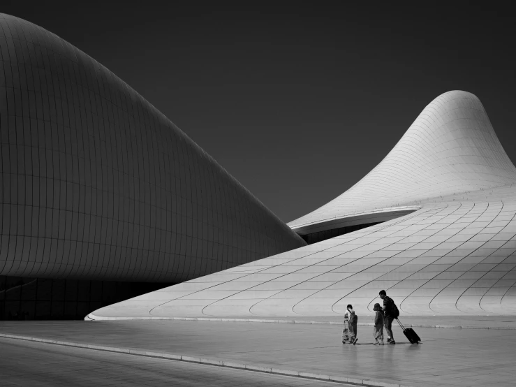 a group of people standing in front of a building, a black and white photo, unsplash contest winner, minimalism, luggage, santiago calatrava, of a family leaving a spaceship, arabia