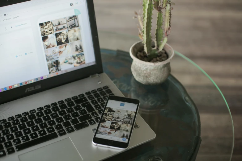 a laptop computer sitting on top of a glass table, a picture, trending on unsplash, happening, scanning items with smartphone, next to a plant, 9 9 designs, brown