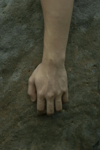a close up of a person's hand on a rock, an album cover, by Elsa Bleda, hyperrealism, pale gray skin, long arms, ignant, prometheus