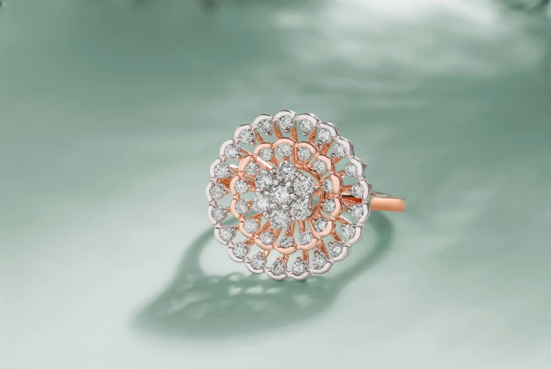 a diamond ring sitting on top of a table, intricate copper details, nostalgic and euphoric, features, eora