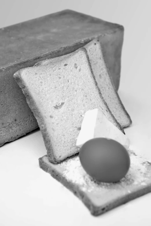 a black and white photo of a piece of bread and an egg, inspired by Heinz Anger, made of cement, naoto fukasawa, cake, promo image