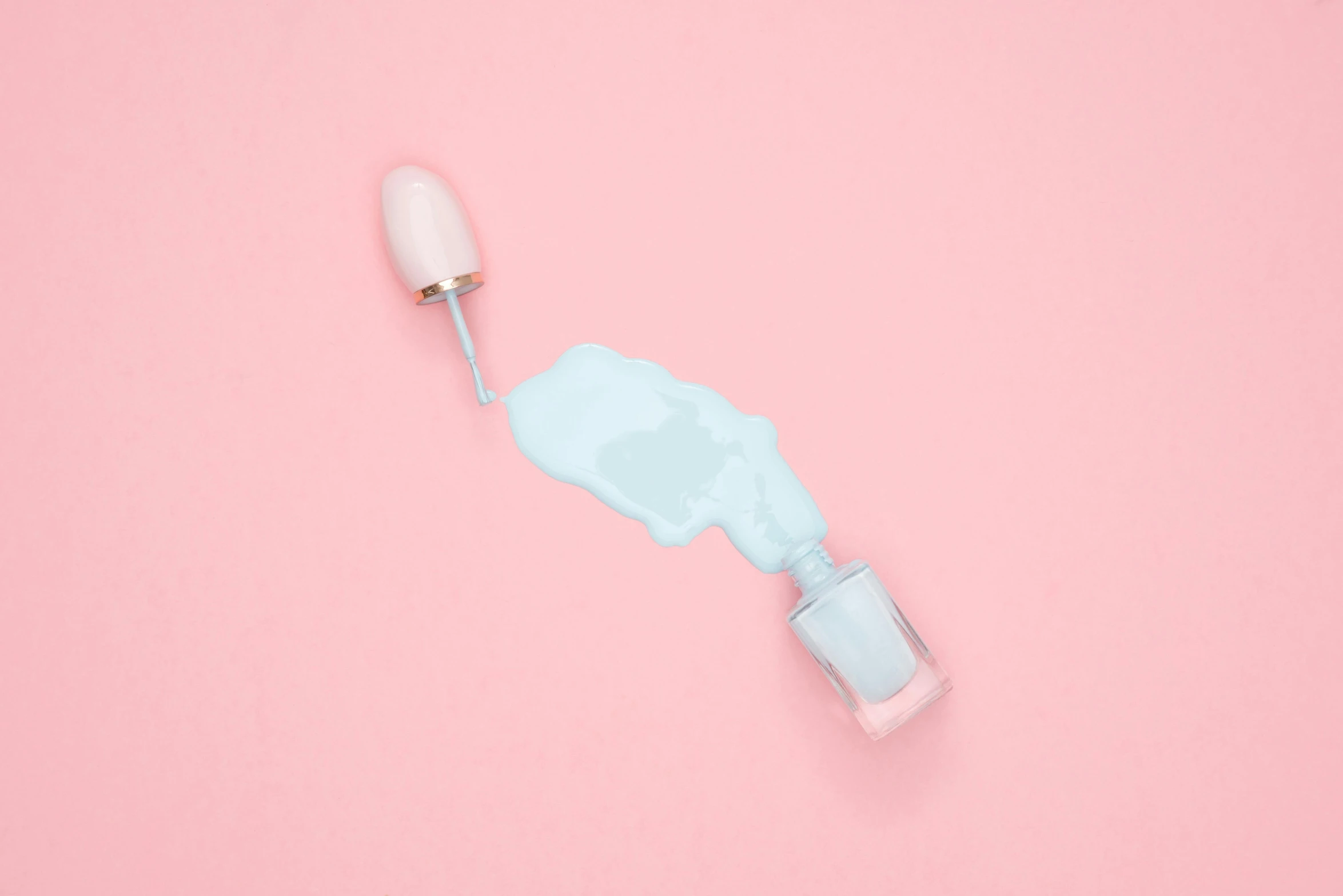 a bottle of nail polish on a pink background, a minimalist painting, inspired by Russell Dongjun Lu, pexels contest winner, minimalism, lightblue acrylic paintdrip tar, spoon placed, top down view, milkshake