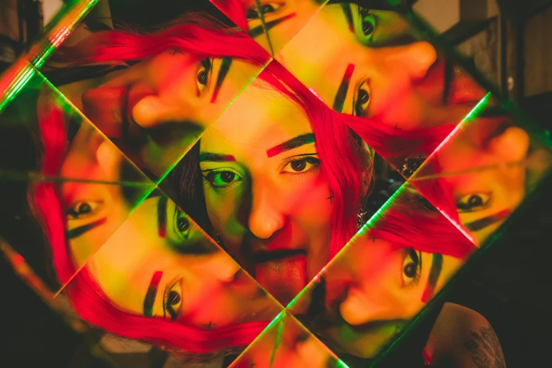a woman with red hair standing in front of a mirror, an album cover, by Julia Pishtar, trending on pexels, neo-fauvism, dichroic prism, multiple faces, infinity mirror, high angle closeup portrait