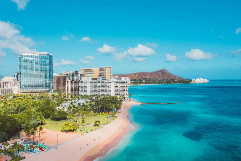 a large body of water next to a beach, by Drew Tucker, pexels contest winner, hurufiyya, waikiki beach, azure blue water, kailee mandel, carson ellis