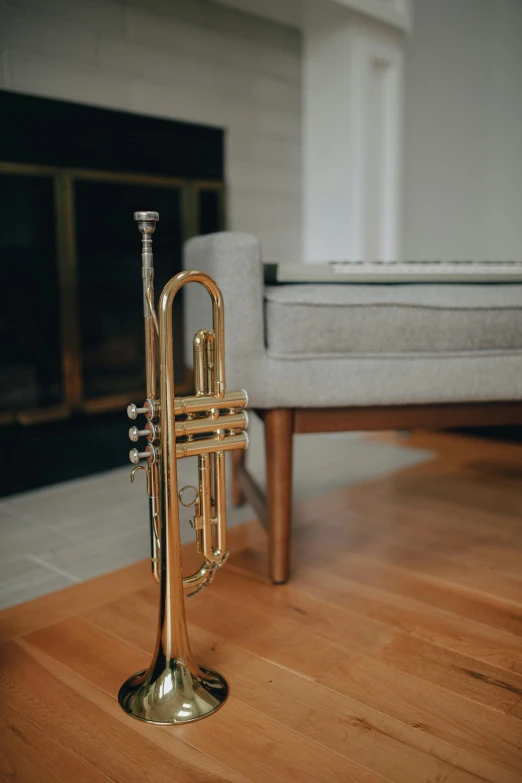 a trumpet sitting on top of a wooden table, by Dan Content, pexels contest winner, modernism, placed in a living room, low profile, gold, slightly pixelated