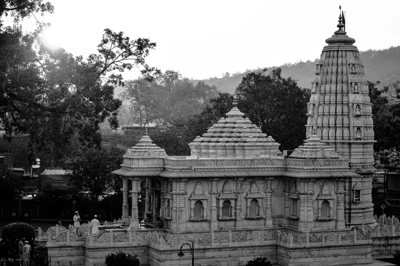a black and white photo of a temple, a black and white photo, pexels contest winner, samikshavad, white monochrome color!!!!!, madhubani, view, high details!