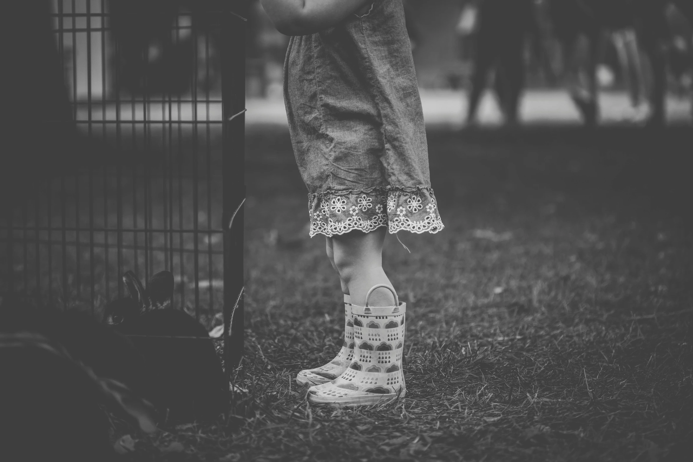 a little girl standing next to a bird cage, a black and white photo, by Emma Andijewska, pexels contest winner, knee-high boots, patterned, bunny leg, summer rain