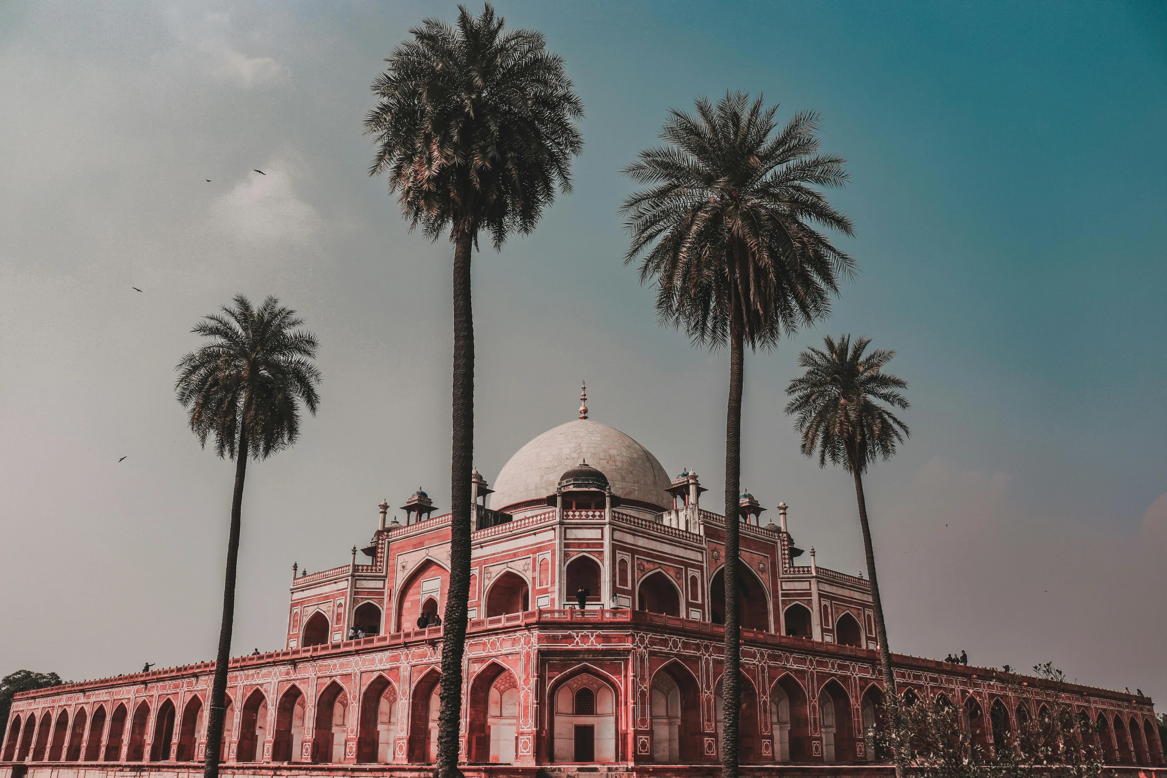 a building with palm trees in front of it, pexels contest winner, baroque, beautiful futuristic new delhi, profile image, pantheon, red building