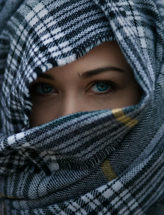 a close up of a person wearing a scarf, inspired by irakli nadar, unsplash contest winner, blue / grey eyes, burka, female spy, worrying eyes