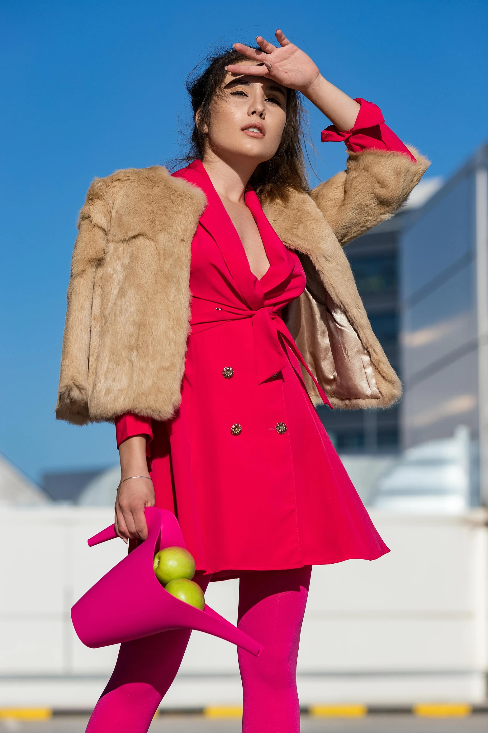 a woman in a pink coat and pink tights, inspired by Giambattista Pittoni, trending on pexels, light brown fur, bright vivid color hues:1, playboy style, rich bright sunny colors