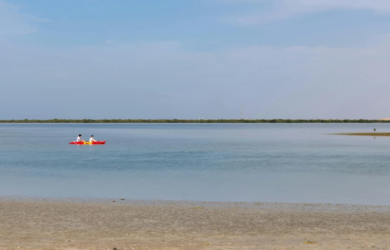 a small boat in the middle of a large body of water, hurufiyya, two male, beach setting medium shot, image