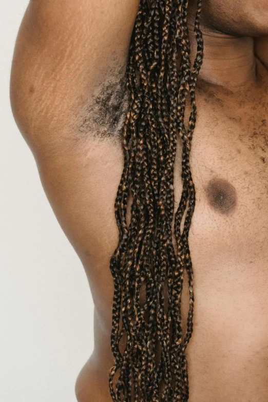 a close up of a person with long hair, by Jessie Alexandra Dick, braided beard, kanye west torso, ashteroth, thinning hair