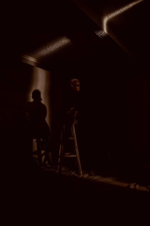 a man standing on a ladder in a dark room, an album cover, inspired by Elsa Bleda, two still figures facing camera, silhouette :7, michael myers, dark paint