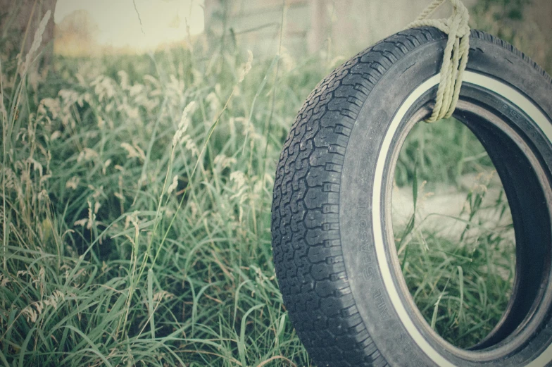 a tire that is sitting in the grass, an album cover, unsplash, vintage color, hanging, 15081959 21121991 01012000 4k, synthetic materials