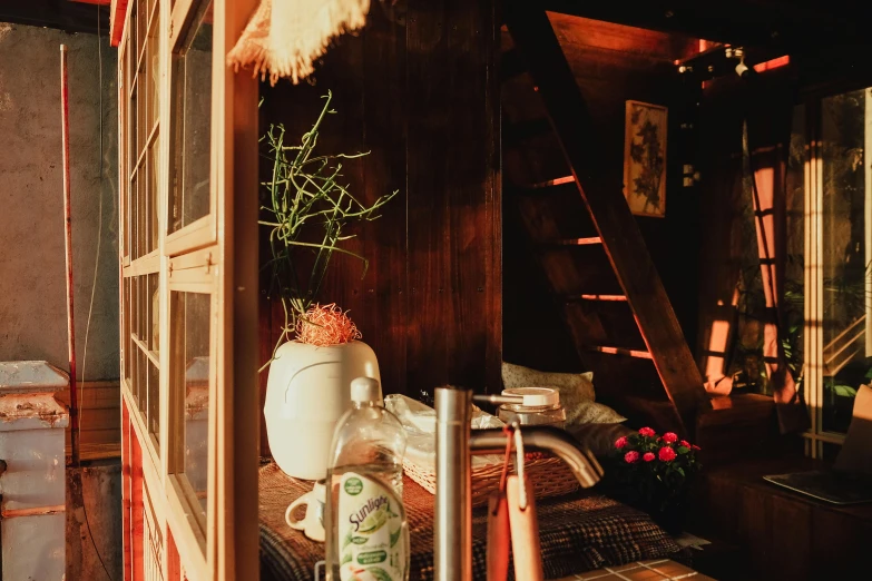 a living room filled with furniture and a fire place, a picture, unsplash, floral jungle treehouse, shack close up, in style of lam manh, evening sunlight