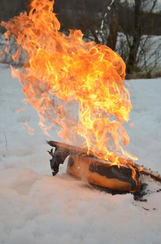 a hot dog is on fire in the snow, whale carcass, casting fire spell, wood burn, photographed for reuters