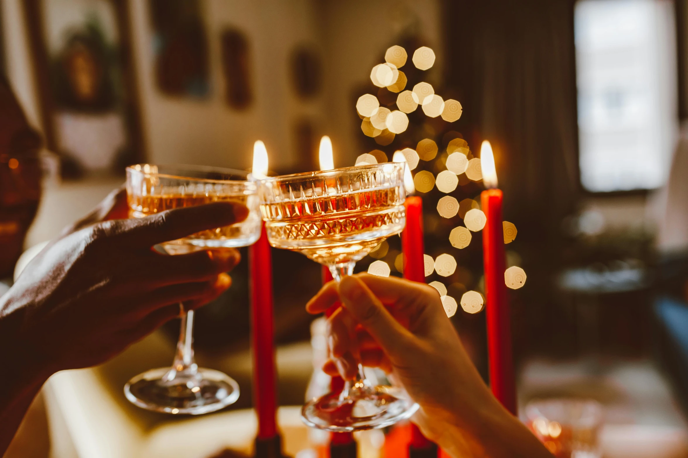 two people toasting with wine glasses in front of a christmas tree, pexels contest winner, renaissance, room full of candles, retro vibe, alex heywood, with sparking circuits