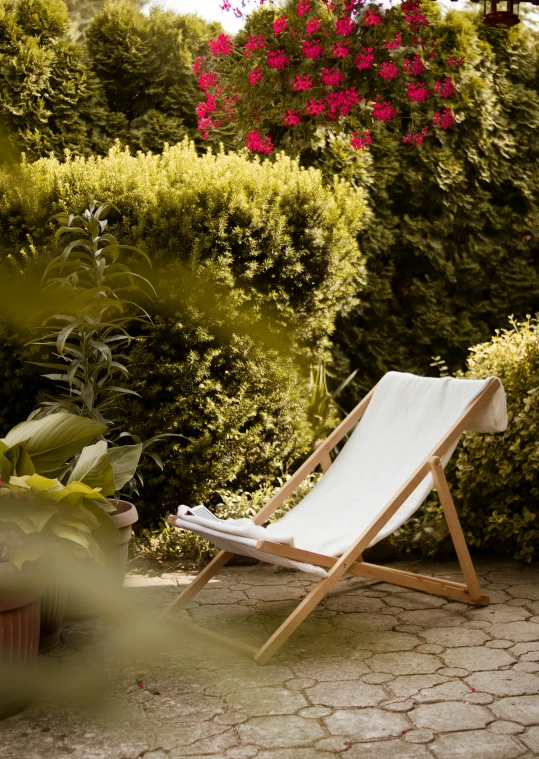 a lawn chair sitting in the middle of a garden, in a sun lounger, arrendajo in avila pinewood, bougainvillea, vanilla