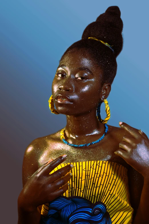 a woman with gold paint on her body, an album cover, inspired by Ras Akyem, trending on pexels, beautiful black blue yellow, slide show, synthetic bio skin, portrait of tall