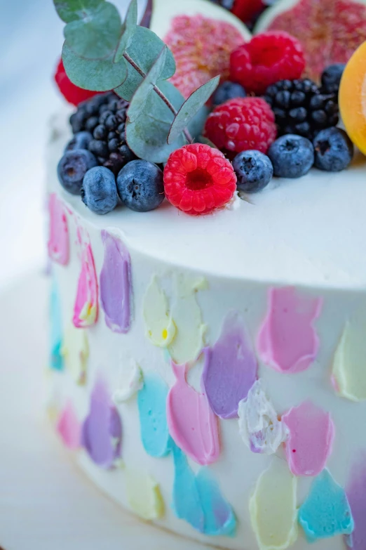 a close up of a cake with fruit on it, soft blue and pink tints, multi colour, splashes, finely textured