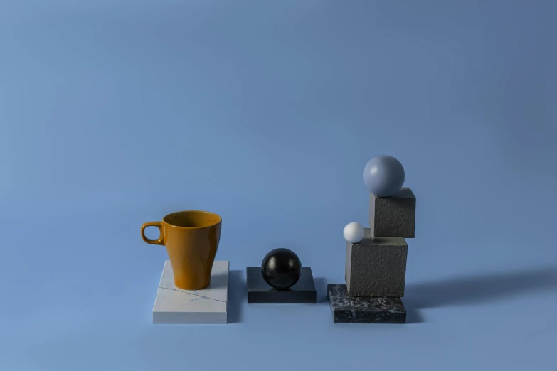 a coffee cup sitting on top of a marble block, an abstract sculpture, inspired by Bauhaus, trending on polycount, cups and balls, porcelain holly herndon statue, miscellaneous objects, blue moon ray tracing