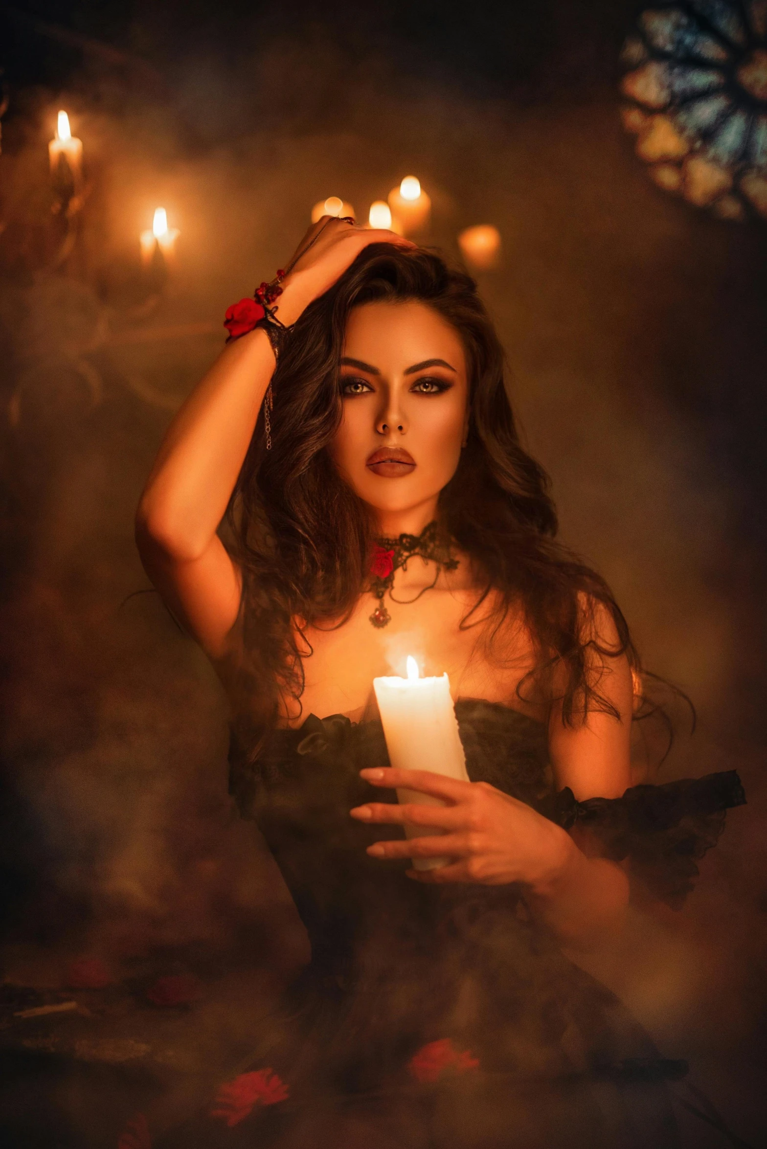 a woman holding a candle in a dark room, an album cover, trending on pexels, gothic art, vampire fashion, dark hair and makeup, bright witch, 2019 trending photo