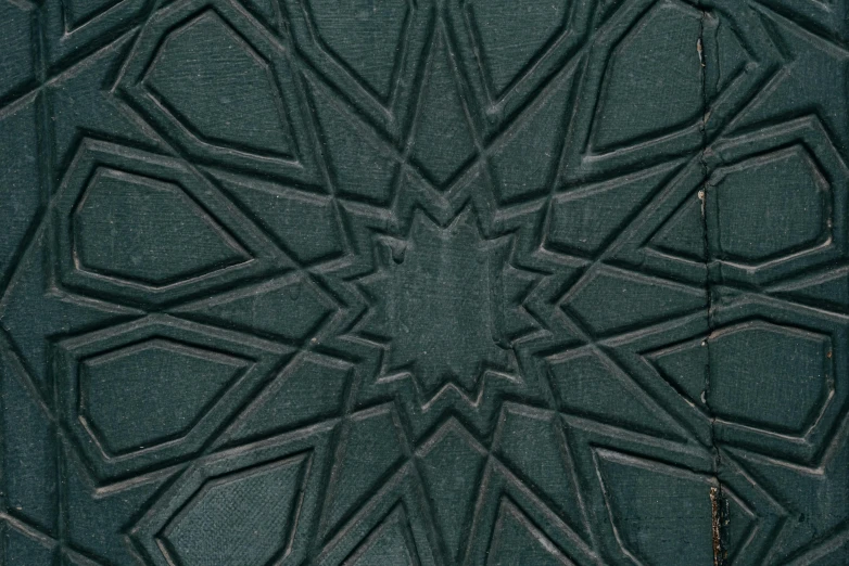 a close up of a door with a pattern on it, an album cover, trending on polycount, arabesque, ( ( dark green, michilin star, black textured, relief engraving