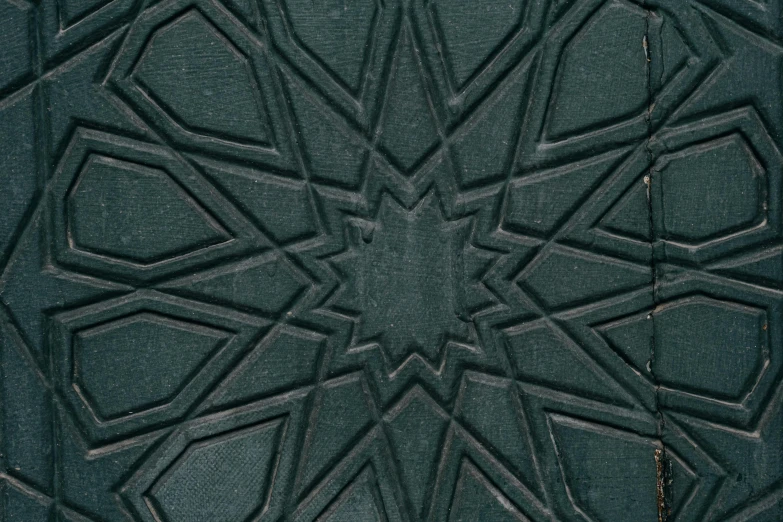 a close up of a door with a pattern on it, an album cover, trending on polycount, arabesque, ( ( dark green, michilin star, black textured, relief engraving