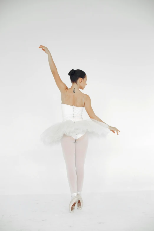 a woman in a white tutu posing for a picture, by Gavin Hamilton, arabesque, showing her shoulder from back, slide show, white background, swan