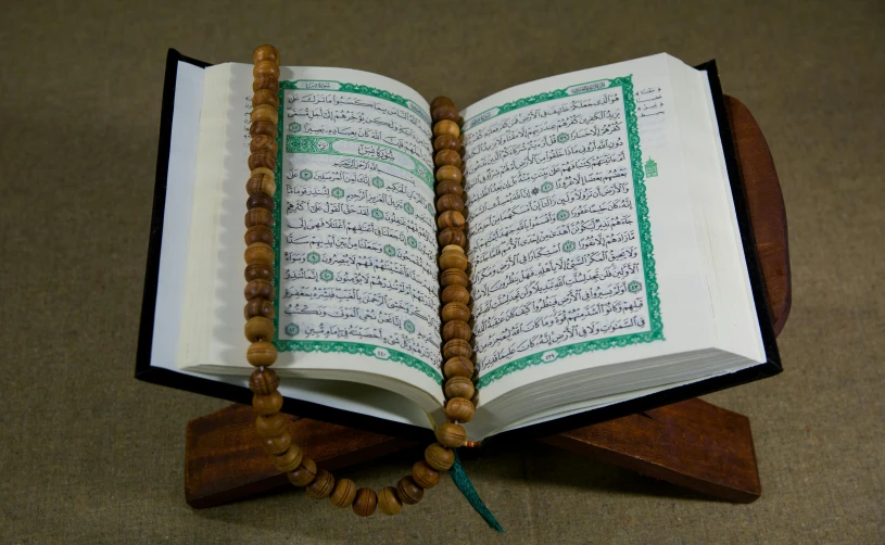 an open book sitting on top of a wooden stand, hurufiyya, fully decorated, handheld, very very precise