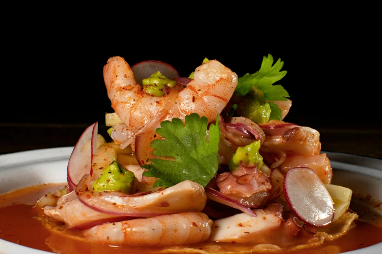 a close up of a bowl of food on a table, dada, shrimp, chiascuro, thumbnail, pink