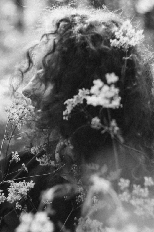 a black and white photo of a woman surrounded by flowers, inspired by Nell Dorr, tumblr, magical realism, curly haired, detail, wild flowers, medium format. soft light