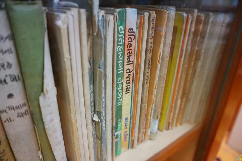 a book shelf filled with lots of books, an album cover, private press, sanskrit, archive material, local close up, worn